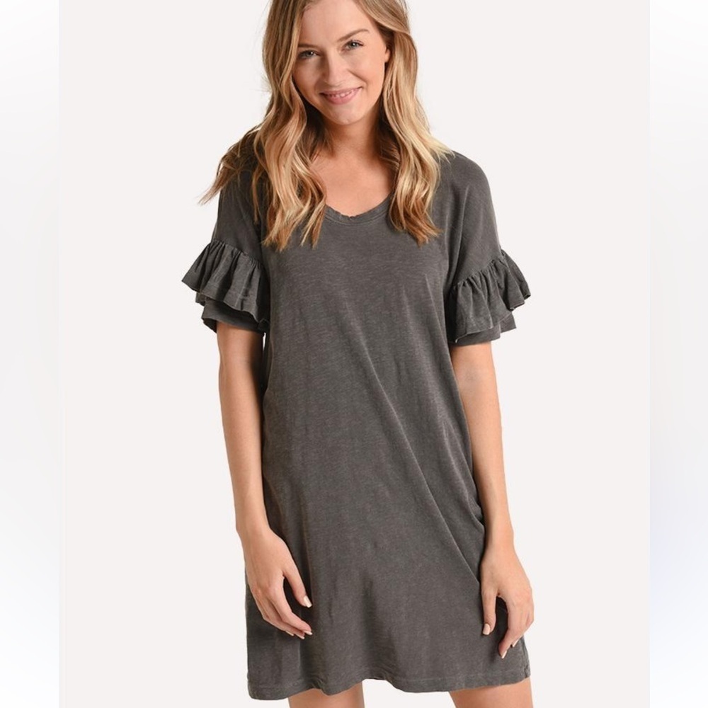 Splendid Ruffle Supima Cotton Chic Gray Mini Shirt Dress sz S